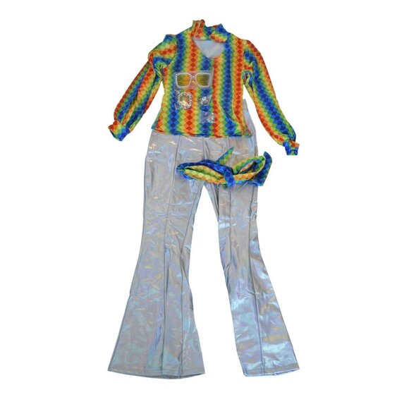 NWT Joy Bang 70s Disco Costume Set Size S with Rainbow Top Silver Bell-Bottoms - Picture 3 of 8